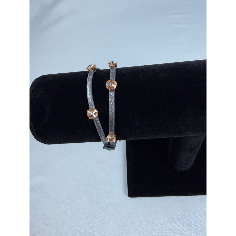 Fossil Metallic Silver Leather Crystal Wrap Bracelet Rose Gold Tone Peach Stone